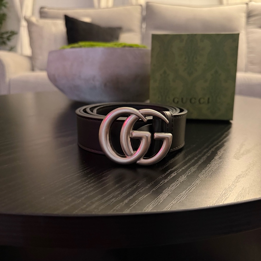 Gucci Belt Black With Silver GG Marmont Wide Belt With Shiny Buckle Men Size 130